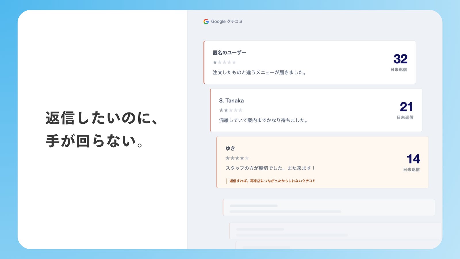 返信したいのに、手が回らない。未返信のまま放置されるクチコミのイメージ